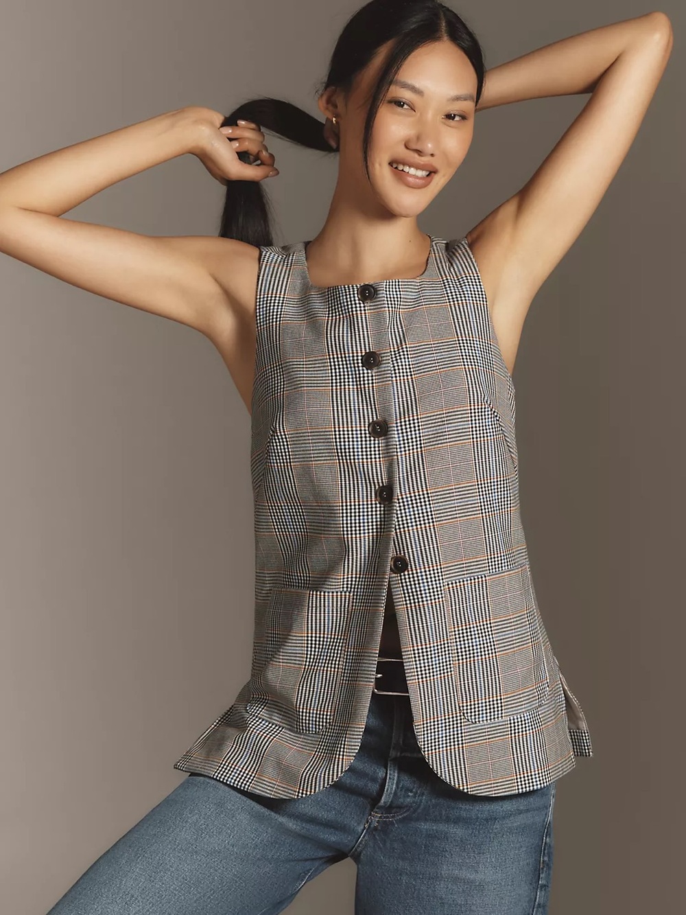 Anthropologie‎ || Plaid Mod Vest Sleeveless Square Neck Button Front Pockets XXS